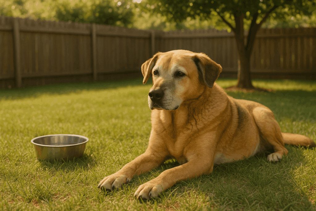 Senior dog relaxing safely outdoors in a shaded backyard.