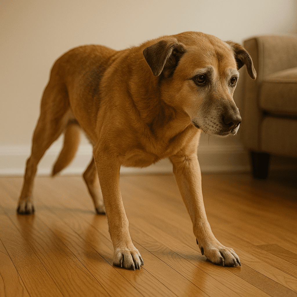 Senior dog experiencing stiffness when standing, a common mobility-related pain symptom
