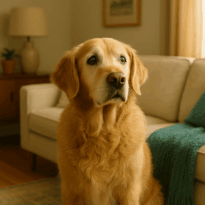 Senior dog with slightly cloudy eyes sitting in a cozy living room, illustrating age-related vision and hearing loss.