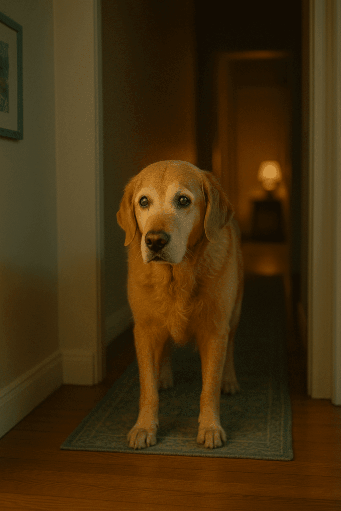 Senior dog hesitating in a hallway due to reduced vision and difficulty seeing in low-light environments.