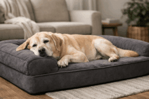 Senior dog resting comfortably on a thick orthopedic dog bed designed for joint support