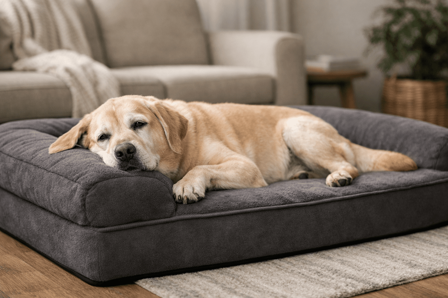 Senior dog resting comfortably on a thick orthopedic dog bed designed for joint support