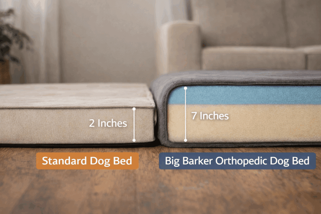 Thick orthopedic foam layers in a Big Barker dog bed compared to a thin standard dog bed