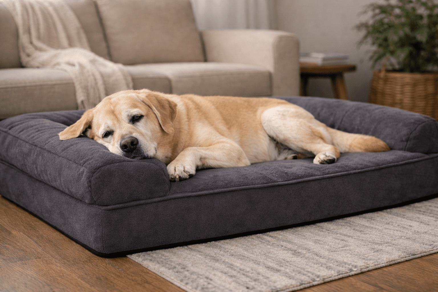 Senior dog resting comfortably on a thick orthopedic dog bed designed for joint support