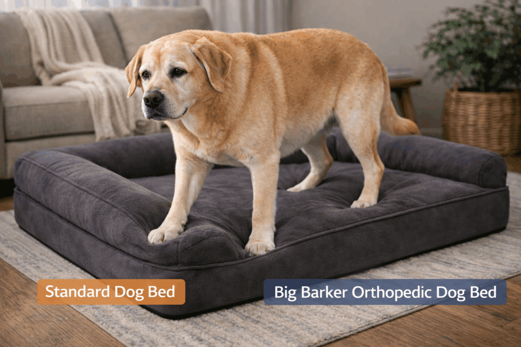 Senior dog easily standing up from a thick orthopedic dog bed with proper support