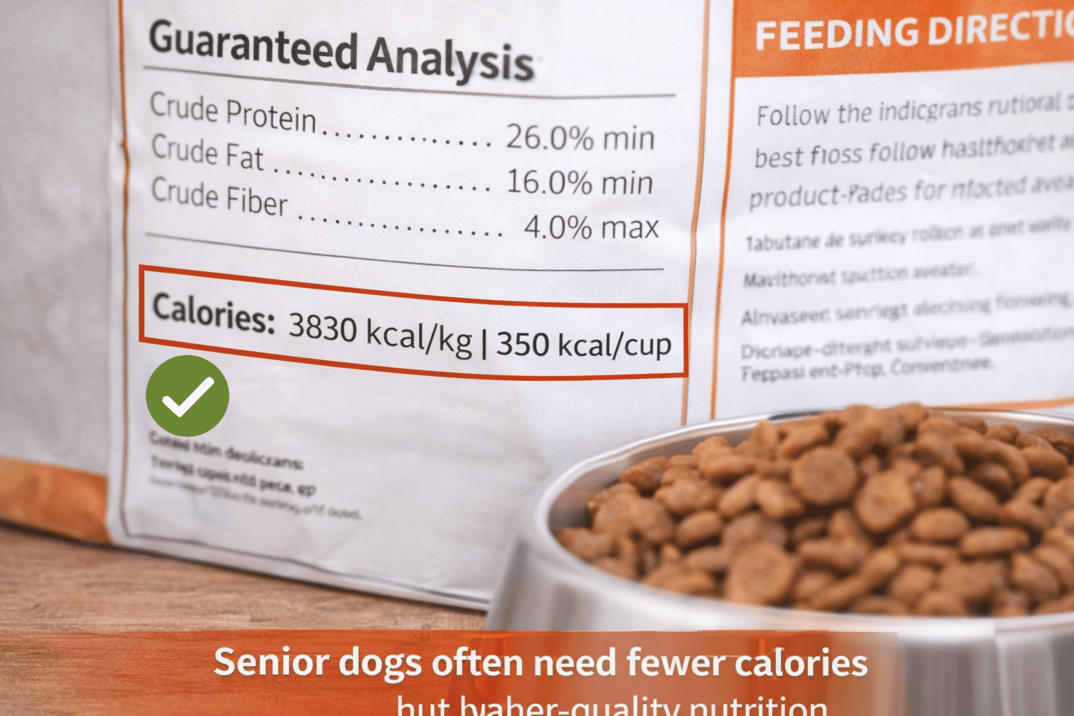 Dog food label showing calories per cup information