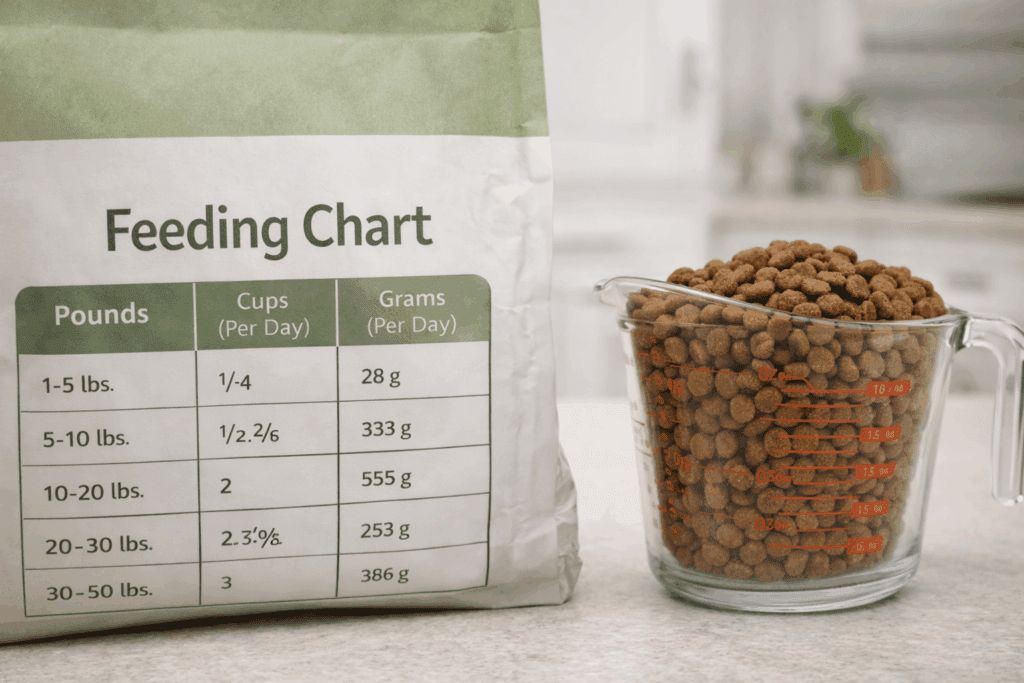 Dog food feeding chart and measuring cup showing large portion sizes
