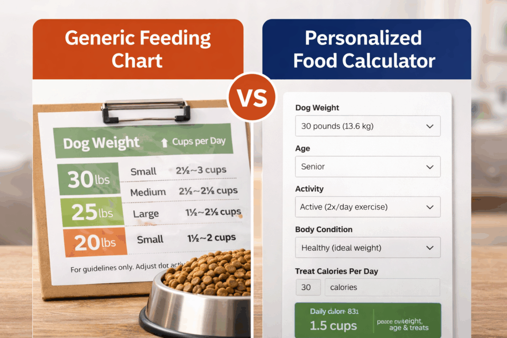 Comparison of generic dog food feeding chart and personalized dog food calculator