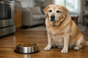 Senior dog showing subtle weight gain despite eating the same amount of food