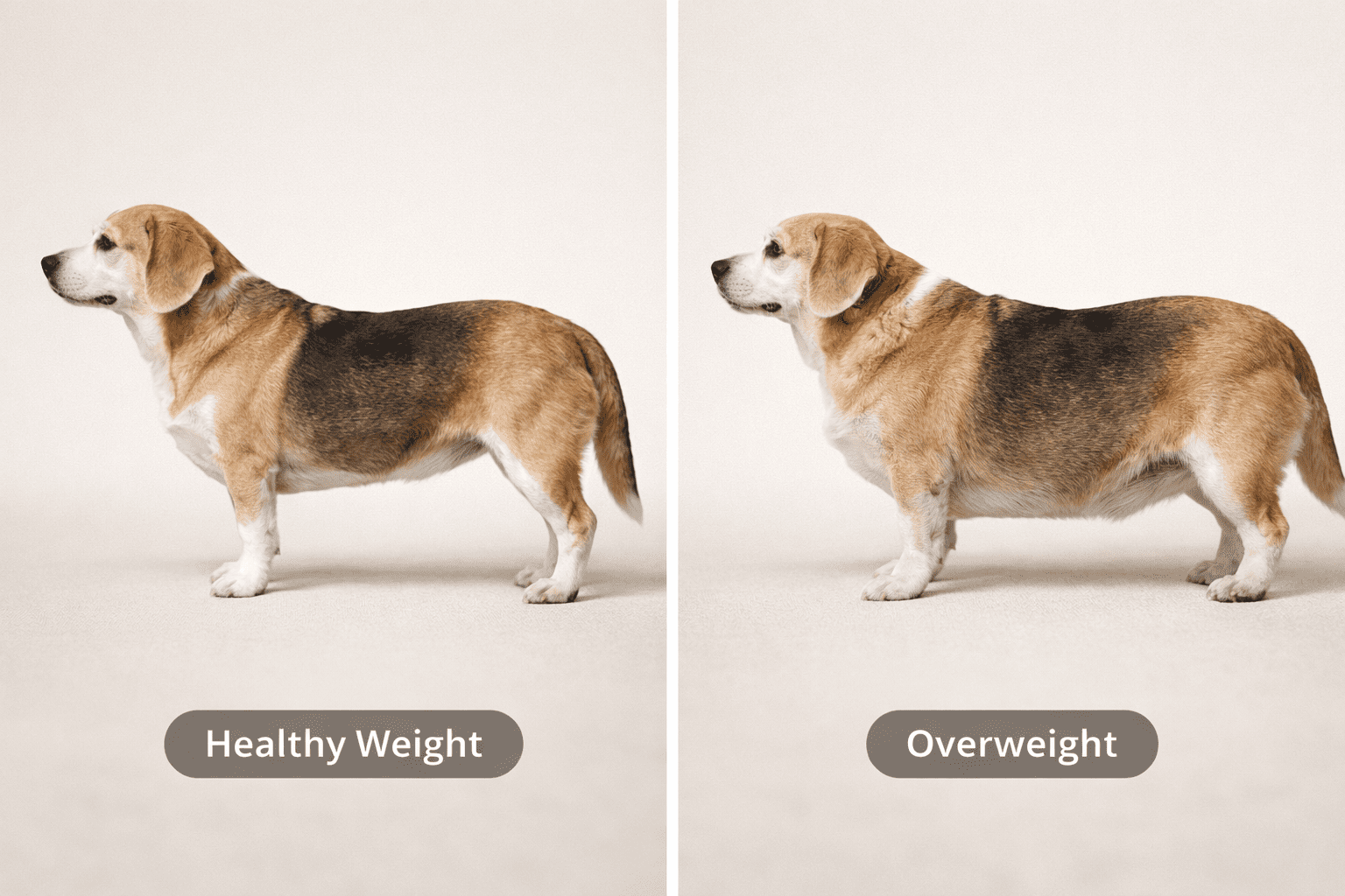 Healthy weight dog compared to an overweight dog body condition