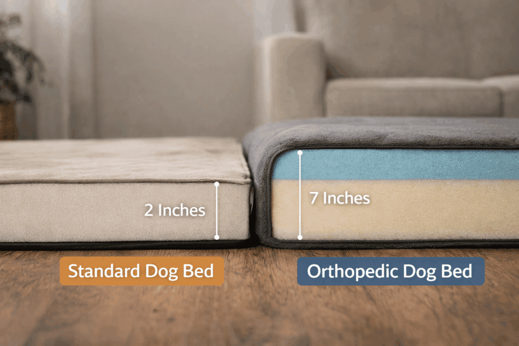 Comparison showing thick orthopedic dog bed foam versus thin standard dog bed