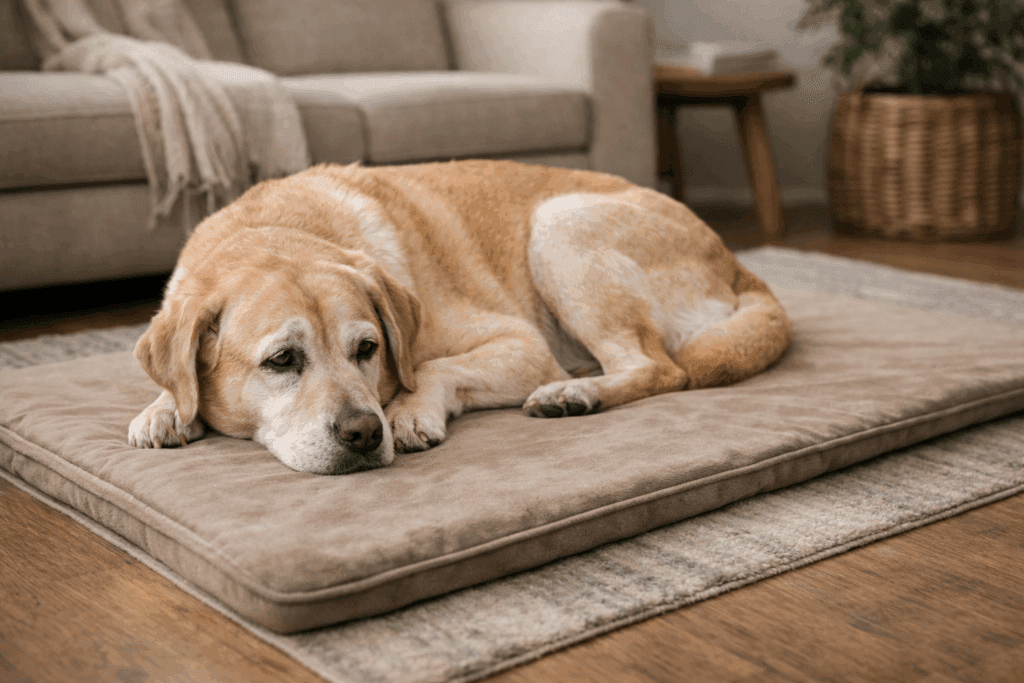 Senior dog showing stiffness while lying on a thin dog bed with poor joint support