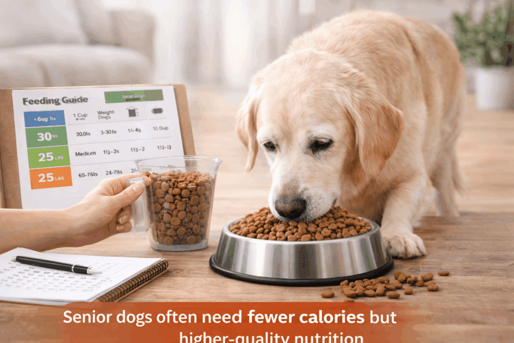 Senior dog eating a properly measured portion of food