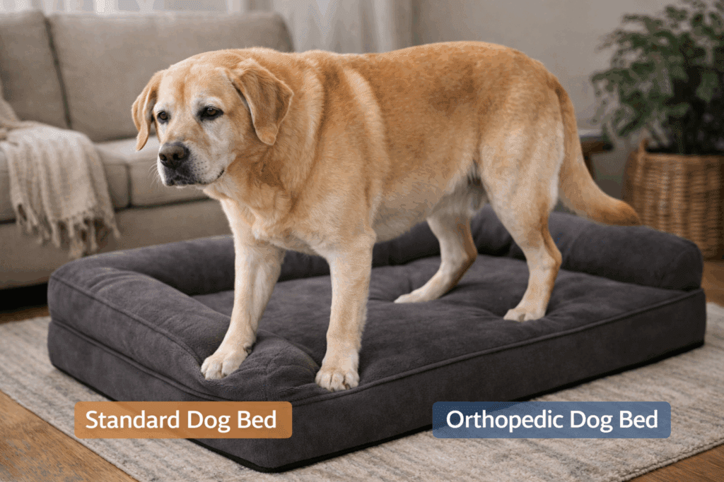 Senior dog easily standing up from a thick orthopedic dog bed with good support